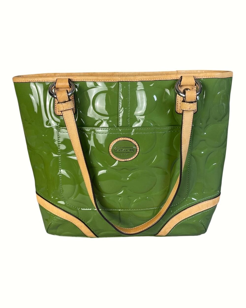 Coach Peyton Apple Green Patent Leather Embossed “C” Logo Tote Bag